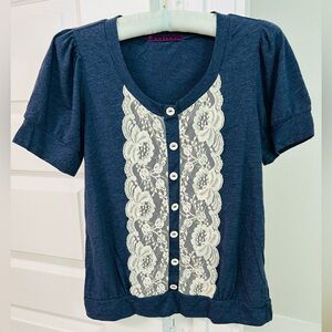 Velvet Dusty Blue Blouse with Cream Lace